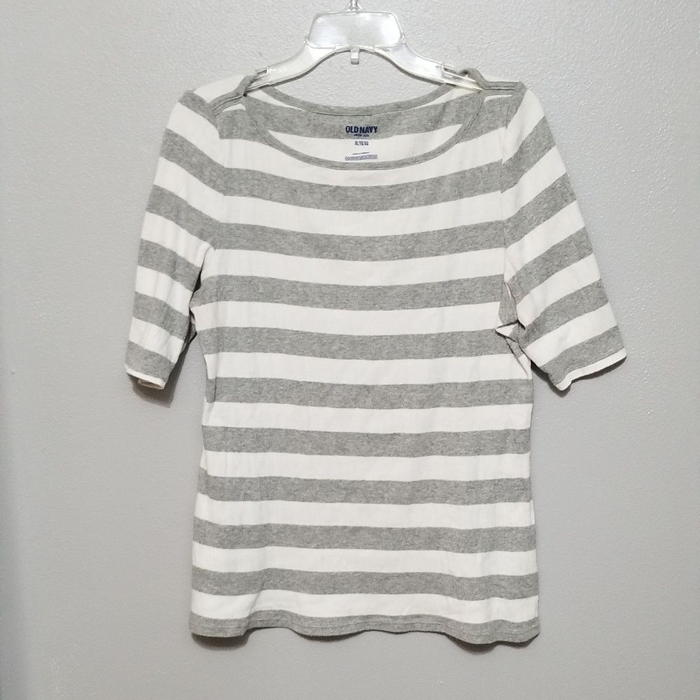 Gray & white striped boat neck elbow length shirt